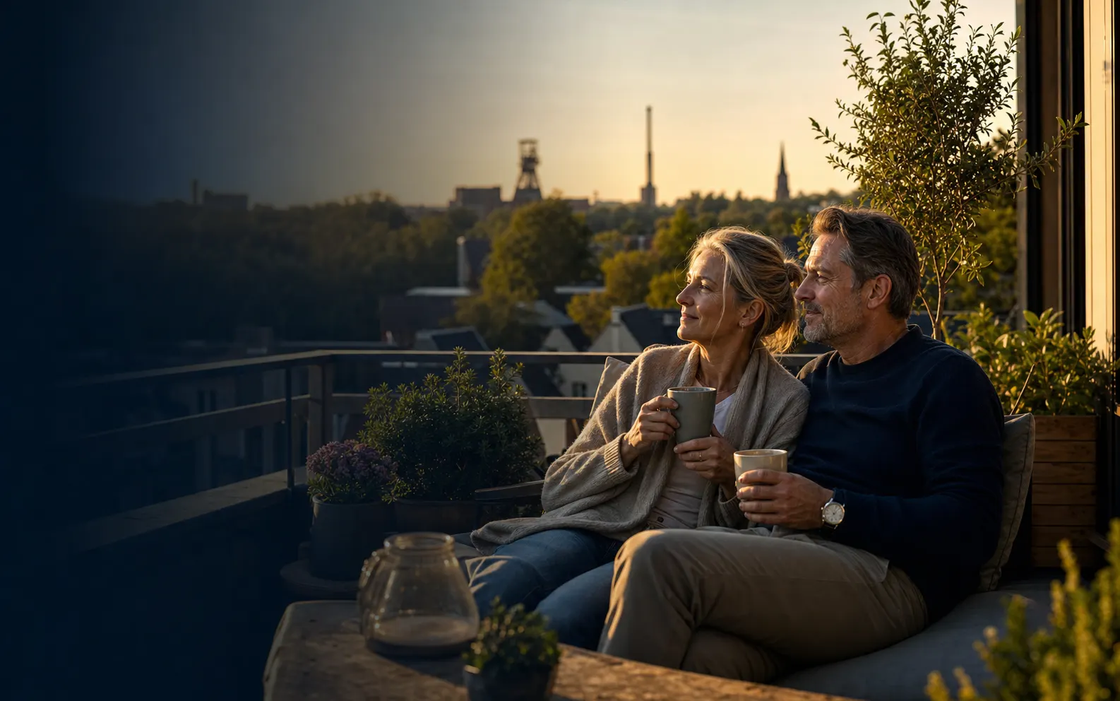 Ein Paar genießt gemeinsam einen ruhigen Abend auf der Terrasse.
